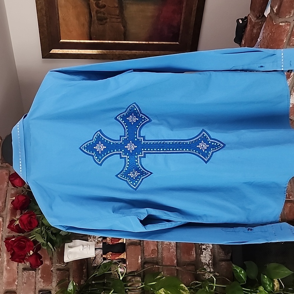 Ace of Diamond Blue Embroidered Cross Western Shirt Men’s Long Sleeve - Picture 3 of 13